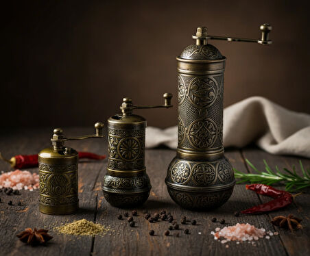 Zamak Metal Antik Renk 3 lü Set Karabiber,Kahve,Çörek Otu El Değirmeni Öğütücü Grinder