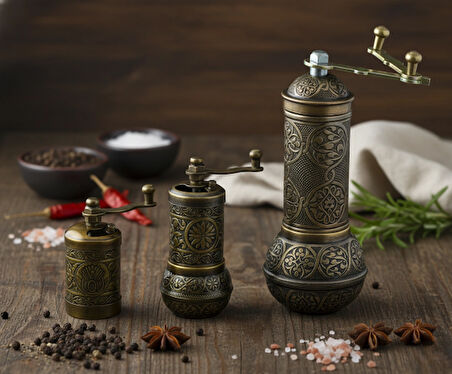 Zamak Metal Antik Renk 3 lü Set Karabiber,Kahve,Çörek Otu El Değirmeni Öğütücü Grinder