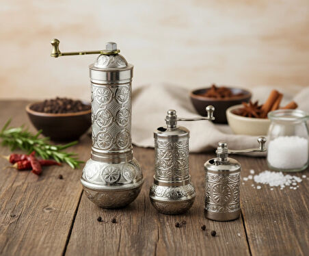 Zamak Metal Gümüş Renk 3 lü Set Karabiber,Kahve,Çörek Otu El Değirmeni Öğütücü Grinder
