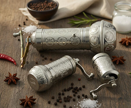 Zamak Metal Gümüş Renk 3 lü Set Karabiber,Kahve,Çörek Otu El Değirmeni Öğütücü Grinder