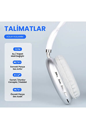 Maxron Beyaz P9 Lite Bluetooth 5.3 Kulak Üstü Kulaklık - 10 Saat Müzik, Micro SD & Type-C Şarj