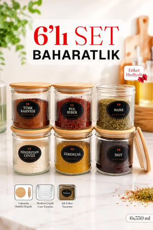 6’lı Cam Baharatlık Seti – 350 ml Bambu Kapaklı Baharat Saklama Kavanozu Etiketli
