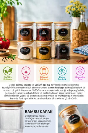 6’lı Cam Baharatlık Seti – 350 ml Bambu Kapaklı Baharat Saklama Kavanozu Etiketli