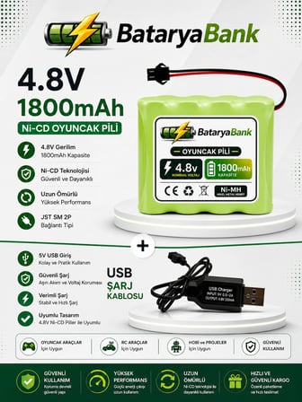 4.8V 1800mAh Oyuncak Araba Pili Bataryası Siyah Soket + USB Şarj Cihazı Seti