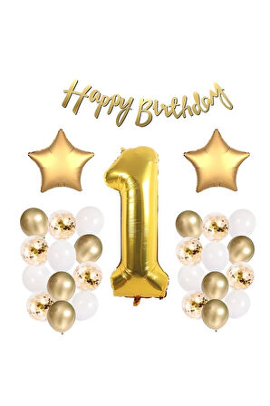 Gold Konsept 1 Yaş Doğum Günü Kutlama Seti; Beyaz Gold Konfetili Balon, Rakam