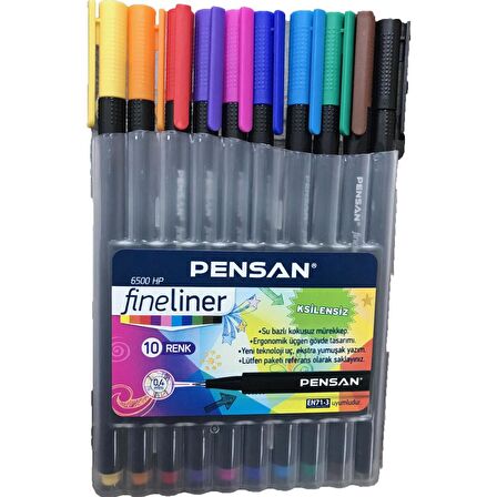 Fineliner Kalem 10 Renk Plastik Kutu 0.4mm Keçe Uçlu Kalem Pensan Fineliner 6500HP 0.4mm Keçe Uçlu Kalem