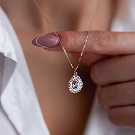 Lacivert Taşlı Damla Kolye