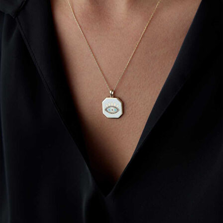 Beyaz Mineli Plaka Göz Kolye