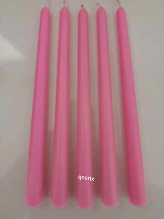qosrix 5'li Pudra Pembe Şamdan Soya Mumu 1. Kalite Soya Doğal Pudra Kokulu Uzun Çubuk Konik Mum Dekoratif