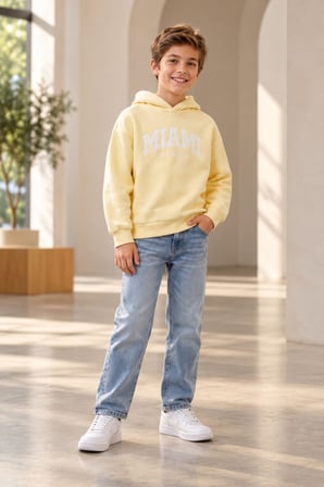 Unisex Çocuk Sarı Miami Baskılı Kapüşonlu Sweatshirt , Kapşonlu Sarı Sweat
