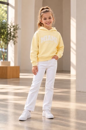 Unisex Çocuk Sarı Miami Baskılı Kapüşonlu Sweatshirt , Kapşonlu Sarı Sweat
