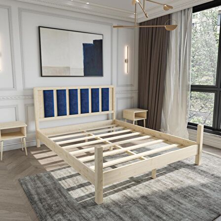 Orion Model Lacivert Puflu Başlıklı Doğal Çam Ahşap Karyola