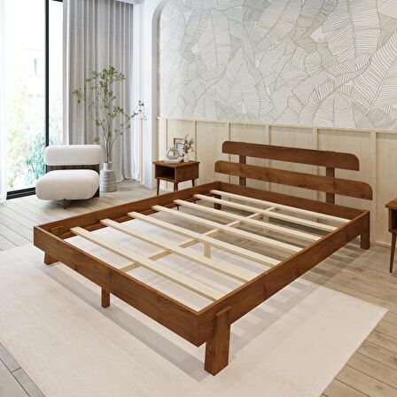 Lotus New Model Ceviz Renk Ahşap Karyola Ve İki komodin Set