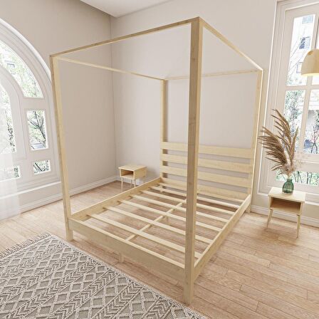 Natura Model Cibinlikli Doğal Çam Ahşap Karyola Ve İki Komodin Set