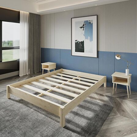 Loft Model Doğal Çam Ahşap Karyola Ve İki Komodin Set