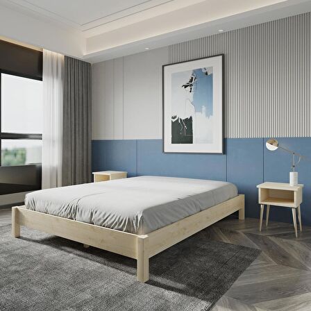 Loft Model Doğal Çam Ahşap Karyola Ve İki Komodin Set