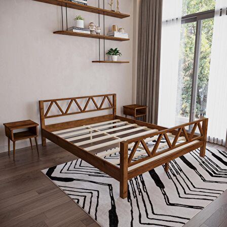 Milena Model Ceviz Renk Çam Ahşap Karyola Ve İki Komodin Set