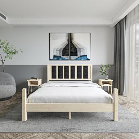 Orion Model Siyah Renk Puflu Başlıklı Doğal Çam Ahşap Karyola Ve İki Komodin Set
