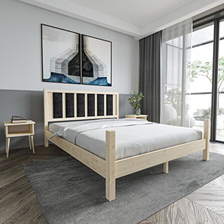 Orion Model Siyah Renk Puflu Başlıklı Doğal Çam Ahşap Karyola Ve İki Komodin Set