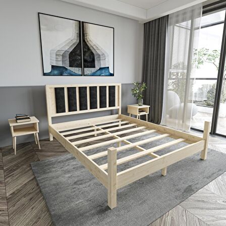 Orion Model Siyah Renk Puflu Başlıklı Doğal Çam Ahşap Karyola Ve İki Komodin Set