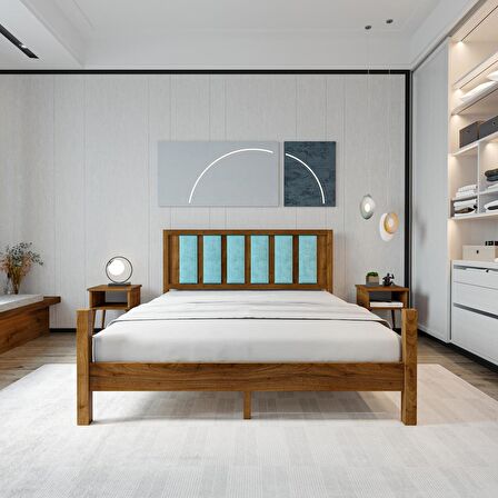 Orion Model Cam Göbeği Puflu Başlıklı Ceviz Renk Çam Ahşap Karyola Ve İki Komodin Set