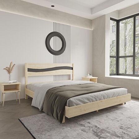 Okyanus New Model Antrasit Detaylı Vernikli Çam Ahşap Karyola Ve İki Komodin Set