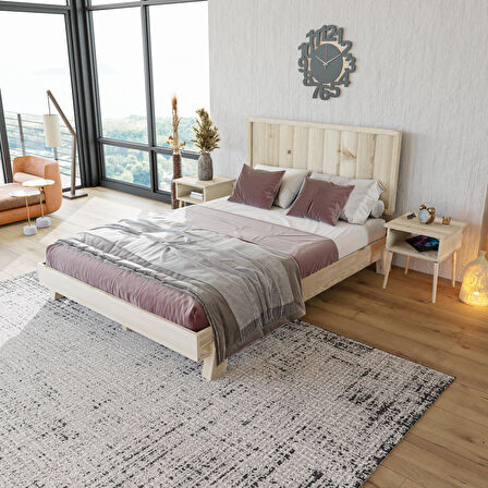 Hüma Model Doğal Çam Ahşap Karyola Ve İki Komodin Set ( Dikey )