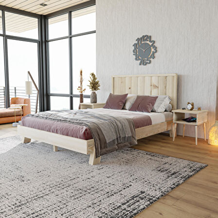 Hüma Model Doğal Çam Ahşap Karyola Ve İki Komodin Set ( Dikey )