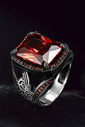 Erkek Gümüş Yüzük - Kırmızı Zirkon Taşlı Yanı Tuğra Motifli Erkek Yüzük