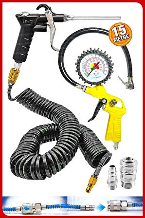 Havalı Kompresör Saatli Lastik Şişirme, 7,5 Mt spiral Hortumu,hava Tabancası Hava Recor Paket Set