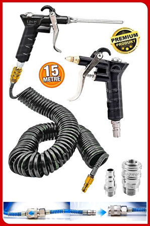 Havalı Kompresör Saatli Lastik Şişirme, 7,5 Mt spiral Hortumu,hava Tabancası Hava Recor Paket Set