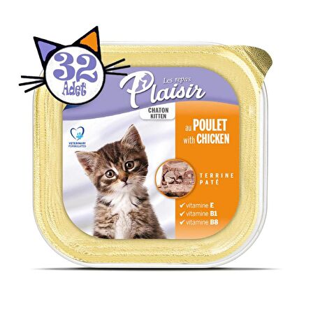 Plaisir Pate 100Gr Tavuk Etli&Sütlü 32Adet Yavru Yaş Kedi Maması