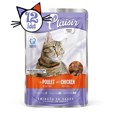 Plaisir Pouch 100Gr Tavuk Etli&Ciğerli 12Adet Kedi Maması