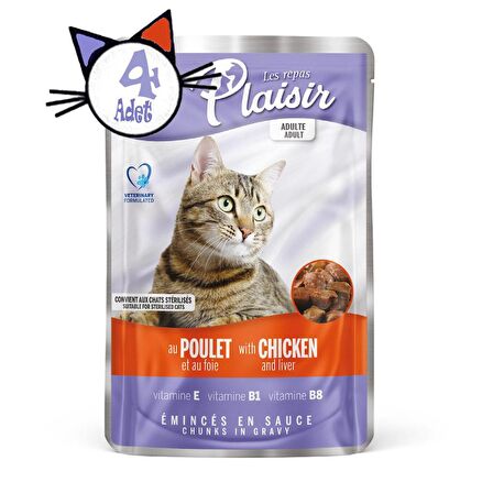 Plaisir Pouch 100Gr Tavuk Etli&Ciğerli 4Adet Kedi Maması