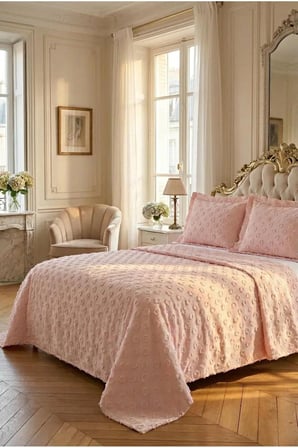 Krem Şönil İskandinav Yatak Örtüsü Takımı 250 x 260 cm – Valonlu Model 2 Adet 50 x 70 Yastık Kılıfı