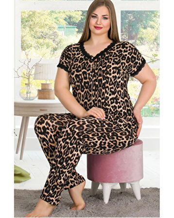 Lady Leopar Desenli Pijama Düğmeli Üst Kısa Kollu Pijama Takımı 12482