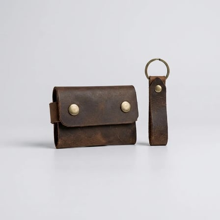 %100 Hakiki Deri El Yapımı Mini Kartlık ve Anahtarlık Seti - Minimalist Unisex Cüzdan 6x9 cm Taba