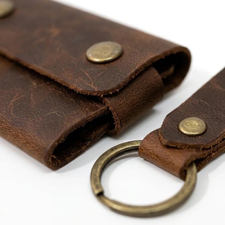%100 Hakiki Deri El Yapımı Mini Kartlık ve Anahtarlık Seti - Minimalist Unisex Cüzdan 6x9 cm Taba