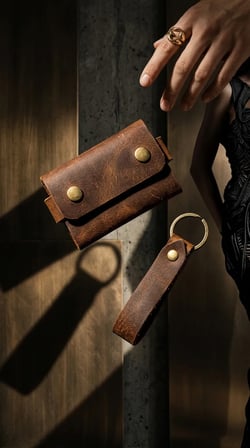 %100 Hakiki Deri El Yapımı Mini Kartlık ve Anahtarlık Seti - Minimalist Unisex Cüzdan 6x9 cm Taba