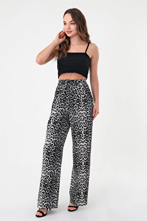 Kadın Siyah Pix Leopar Desenli Yüksek Bel Palazzo Pantolon