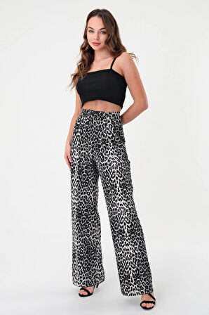 Kadın Siyah Pix Leopar Desenli Yüksek Bel Palazzo Pantolon
