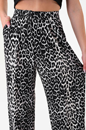 Kadın Siyah Pix Leopar Desenli Yüksek Bel Palazzo Pantolon
