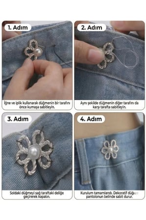 Pantolon Bel Daraltıcı Düğme, Çiçek Model Dekoratif Düğme İnci Detaylı, Pantolon Beli Küçültme