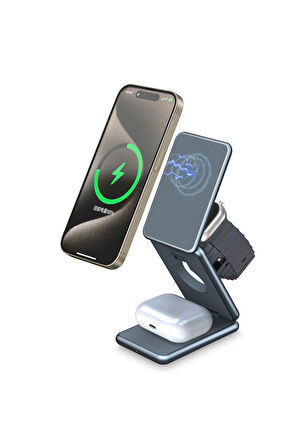 AirFlod 15W Wireless Kablosuz Şarj Standı Alüminyum Katlanabilir 3in1 iPhone-android-watch-airpods