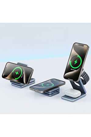 AirFlod 15W Wireless Kablosuz Şarj Standı Alüminyum Katlanabilir 3in1 iPhone-android-watch-airpods