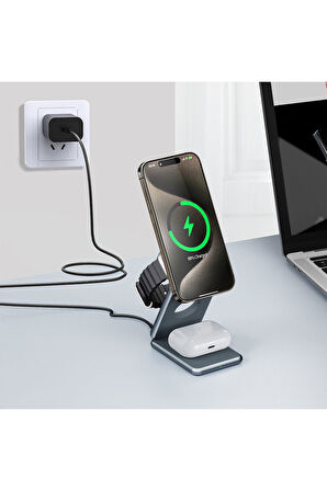 AirFlod 15W Wireless Kablosuz Şarj Standı Alüminyum Katlanabilir 3in1 iPhone-android-watch-airpods