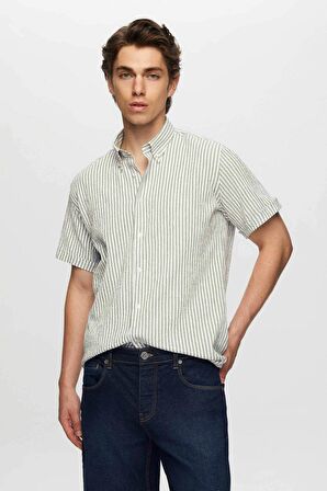 Slim Fit Yeşil Gofre Kısa Kollu Gömlek 0HC02ORT04265