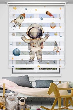 Uzay ve Astronot Baskılı Zebra Stor Perde - Gezegen Baskılı Çocuk Odası Perdesi