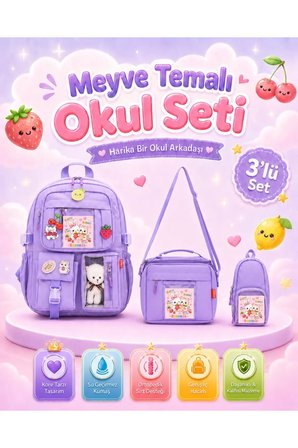 Kore Tarzı Okul Çantası / 3'lü Kız Çocuk İlkokul Çanta Seti Termal Beslenme Çantası / Kalemlik