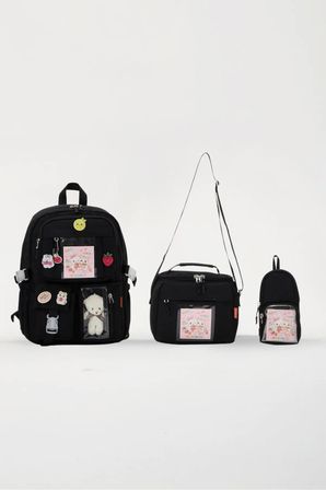 Kore Tarzı 3'lü Kız Çocuk İlkokul Ortaokul Çanta Seti Termal Beslenme Çantası + Kalemlik